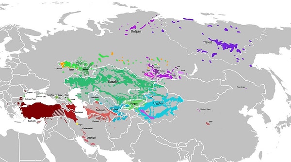 6. Türk dili konuşulan bölgelerin haritası.
