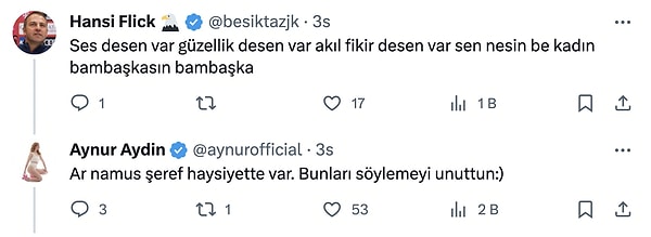 Aydın takipçisinden gelen "Ses desen var güzellik desen var akıl fikir desen var sen nesin be kadın bambaşkasın bambaşka" yorumuna da cevap verdi.