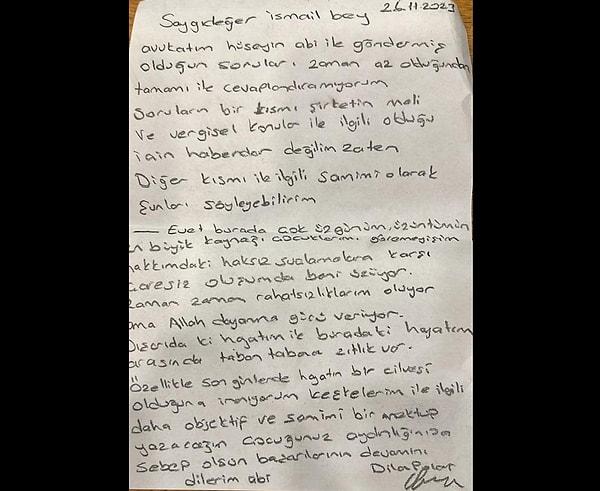 İsmail Saymaz'a bir tam sayfalık mektup yazan Dilan Polat'ın el yazısının kağıda dökülmüş halini de buradan görebilirisiniz.