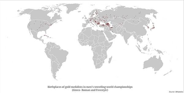 6. Erkek güreşlerinde dünya şampiyonlarının doğum yerleri.