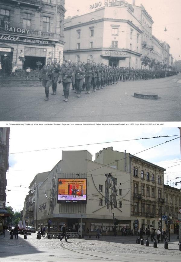 11. Eylül 1939'da Polonya'nın Krakov kentine giren Naziler ve şimdi aynı cadde.