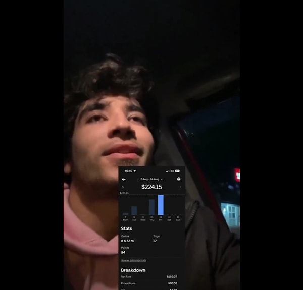 Gencin öncelikle 8 saat Uber sürücülüğü yaptığı ardından da 7 saat dönercide çalıştığı görüldü. Böylelikle 15 saat bir mesai ile 438 Avustralya doları kazanan gencin bu kazancı o ülkeye göre yaklaşık yarı asgari ücret ederken, TL bazında ise (19,28 kur ile) 8 bin 444 lira ediyor.