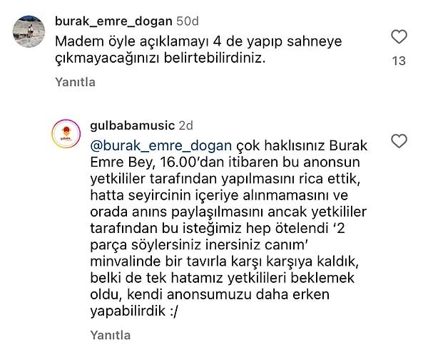 Gülbaba Müzik, konserin iptal edildiğini neden 4'te duyurulmadığı sorusuna şu şekilde cevapladı.👇