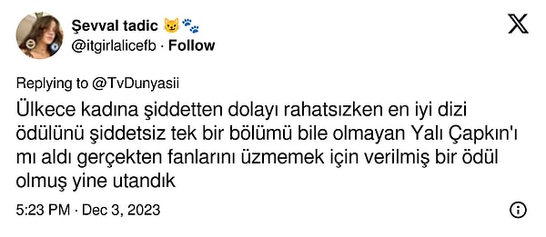 Kadına şiddet sahneleri içeren Yalı Çapkını'nın En İyi Dizi ödülü almasına sosyal medyadan tepki yağdı.