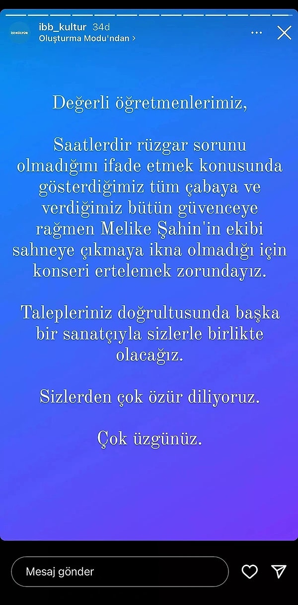 İBB ekibi, öğretmenler için düzenlenen konserin son dakika ertelemesiyle ilgili açıklamasında Melike Şahin ve ekibinin 'bir türlü ikna edilemediğini' söyledi.