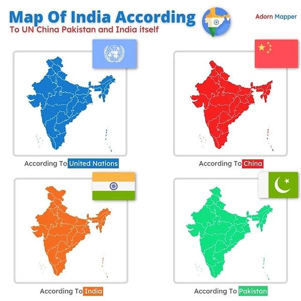 12. BM, Pakistan, Çin ve Hindistan'a göre Hindistan'ın haritası.