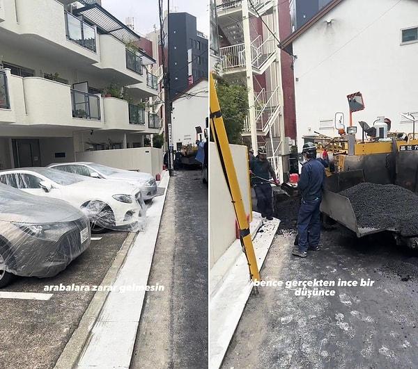 Japonya'da yaşayan "@volkanjeann" isimli TikTok kullanıcısı, yol çalışması sırasında park halinde bulunan araçların zarar görmemesi için, çalışmayı yapan kişilerin araçların üzerine örtü örtüldüğü anları paylaştı.