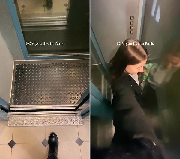 "@eugibarbieri" isimli bir TikTok kullanıcısı tarafından paylaşılan görüntülerde, genç binada bulunan ve tek kişinin dahi zar zor sığdığı asansöre biniyor.