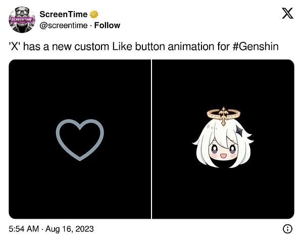 Bugüne kadar beğeni butonuna eklenen animasyonlar genelde Oreo ve Genshin gibi popüler kültürde ünlü olan figürlerden oluştu.