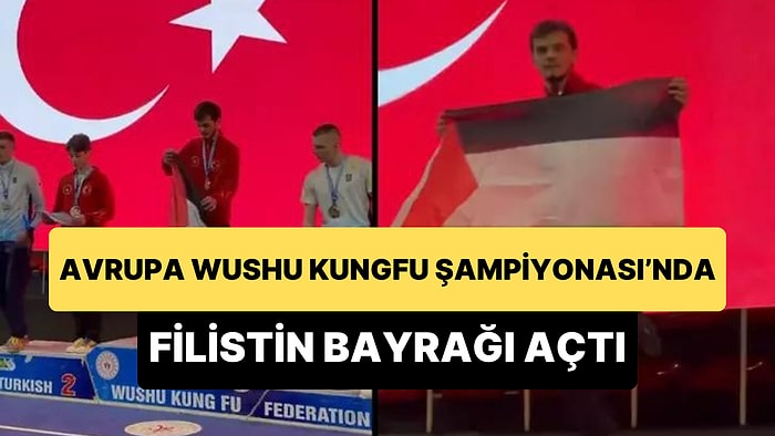 Avrupa Wushu Kungfu Şampiyonası'nda Şampiyon Olan Necmettin Erbakan Akyüz Kürsüde Filistin Bayrağı Açtı