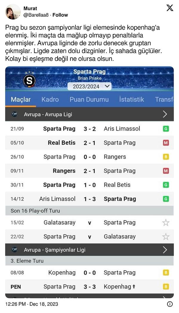 Düşünülenin aksine aslında Sparta Prag dişli bir rakip. Şampiyonlar Ligi ön elemelerinde Galatasaray'ı elen Kopenhag ile iki maç karşılaşmış ve penaltılar sonucunda elenmişti.