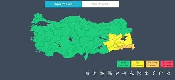 Meteoroloji Genel Müdürlüğü ayrıca Mardin, Diyarbakır, Bingöl, Muş, Batman, Bitlis, Siirt, Van için sarı kodlu uyarı yaparken, Şırnak ve Hakkari için de turuncu kodlu uyarı yaptı.