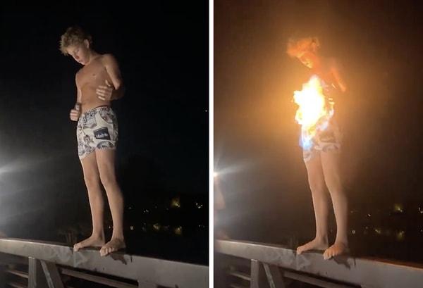 Bir genç de video için vücuduna sürdüğü sıvıyla kendini ateşe verdi.