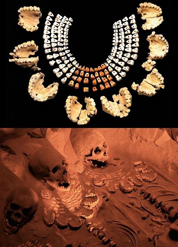 1. Meksika'daki Tüylü Yılan Tapınağı'nın altında gömülü bulunan kurban cesetleri üzerinde insan çene ve dişlerinden yapılmış kolyeler bulundu. (M.S 150-250)