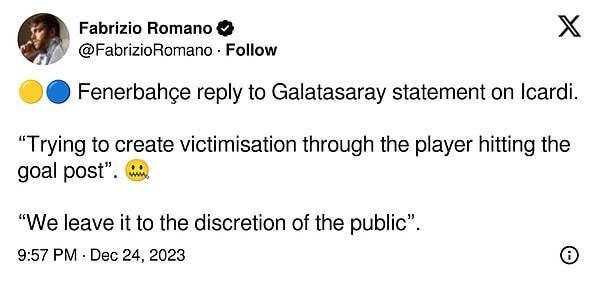 Dünyaca ünlü gazeteci Fabrizio Romano da Icardi’nin fotoğrafını ve Galatasaray’ın açıklamasını paylaştı.