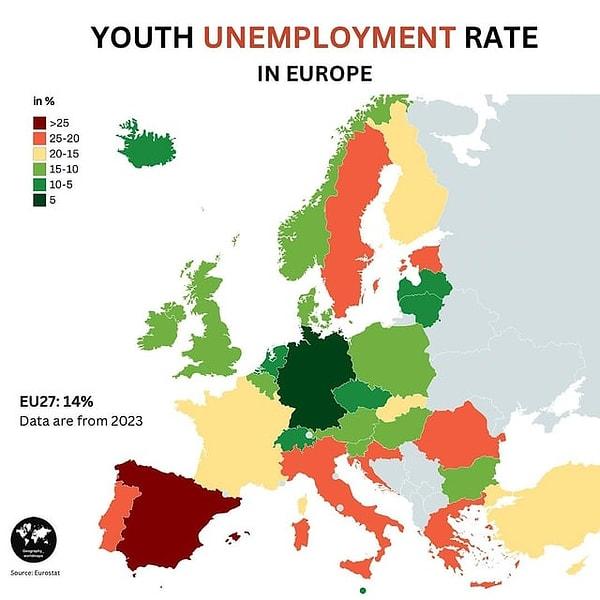 15. Avrupa'da gençler arasında işsizlik oranları.
