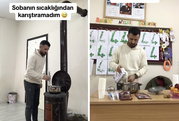 Kendisi, bu soğuk kış günlerinden sınıfında bulunan sobada öğrencilerine puding yaptı.