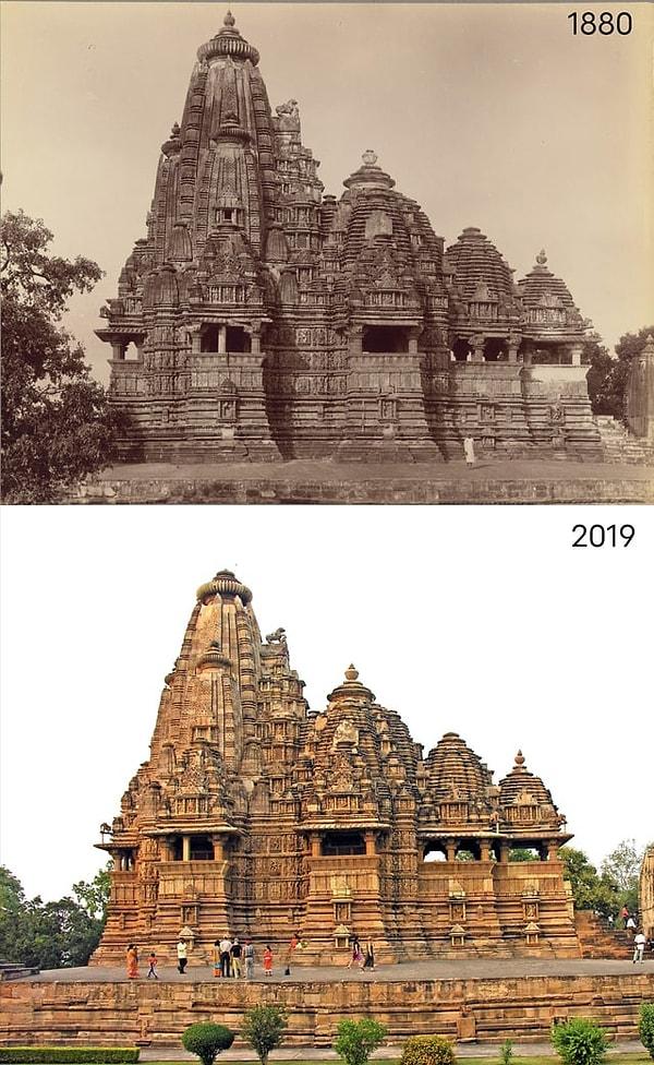 15. 1002'de inşa edilen Vishvanatha Tapınağı, Khajuraho, Hindistan.  (1880 ve 2019)