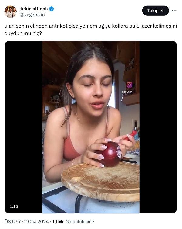 Genç kadının yemek videosunu alıntılayan bir kişi Twitter hesabında o anları “şu kollara bak” diyerek paylaştı.