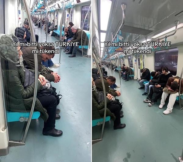 TikTok'ta yapılan paylaşımda metroda yolculuk eden vatandaşların yorgun ve uykusuz halleri görülüyor.