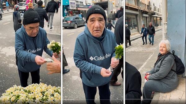 Sosyal medyada bir amcanın eşine çiçek aldığı anlar viral oldu.