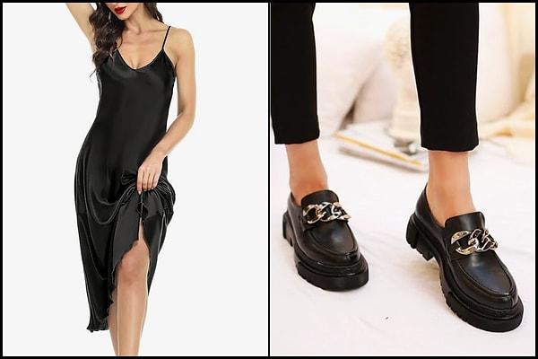 Siyah saten elbise ile loafer model ayakkabının uyumuna ne dersin?