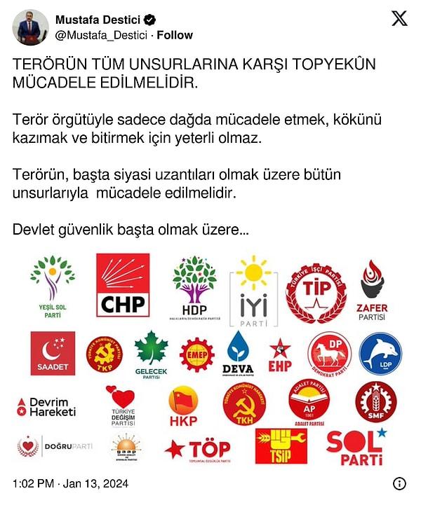 Mustafa Destici muhalif partilerin logolarını kullanarak yaptığı paylaşım nedeniyle tepki çekmişti.