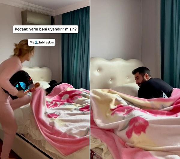 Muhteşem enerjisi ile karaoke yaparak kocasını uyandıran kadın ve karısının enerjisine ayak uydurmaya çalışarak karaokeye eşlik eden adam sosyal medyada viral oldu.