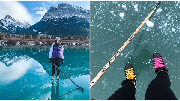 Banff Ulusal Parkı'nda bulunan göl, yüzeyinin donması ile buz pistine dönerken, gölde bulunan suyun berraklığı da ortaya muhteşem manzaralar çıkarıyor.