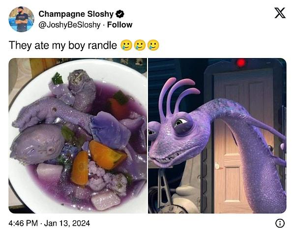 Kurgusal bir karakter olan sevimli ejderha Randall Boggs fotoğraftaki yemeğe oldukça benziyor.