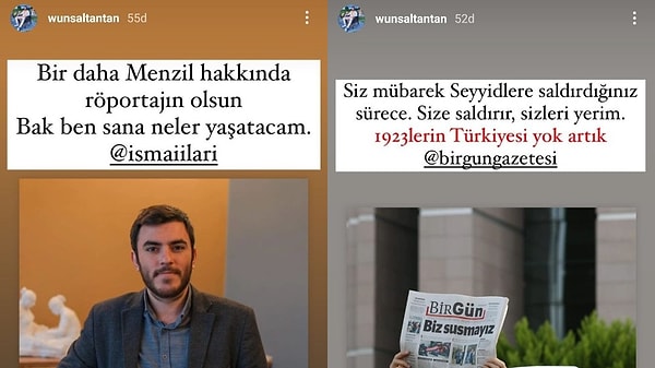 Arı'nın paylaştığı görsellerde yer alan Ünsal Tantan adlı kullanıcının, 'Bir daha Menzil hakkında röportajın olsun bak ben sana neler yapacağım' diye yazdı. Tantan, bir diğer mesajında ise, 'Siz mübarek seyyidlere saldırdığınız sürece size saldırır, sizleri yerim. 1923’lerin Türkiye’si yok artık' ifadelerini sarf ettiği görüldü.