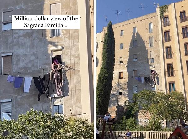 Barselona'da bulunan bu bazilikanın arkasında bulunan bir apartmanda, ipe çamaşır asan bir kadın orada bulunan turistler tarafından görüntülendi.