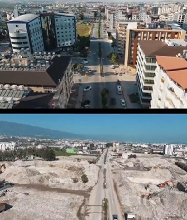 Paylaşılan görüntülerde Odabaşı Mahallesi'nin depremden öncesi ve sonrası görüntüleri yer alıyor.