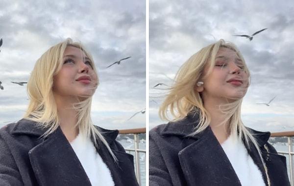 Bir kadın, deniz kenarında rüzgara karşı romantik bir İstanbul videosu çekmek istedi.
