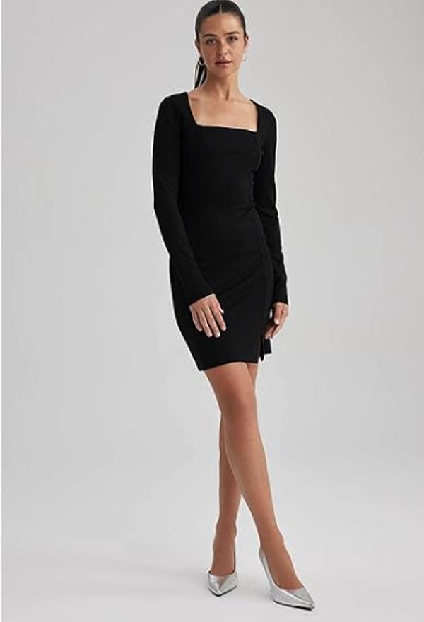 4. DeFacto Kadın Bodycon Kare Yaka Premium Uzun Kollu Mini Elbise