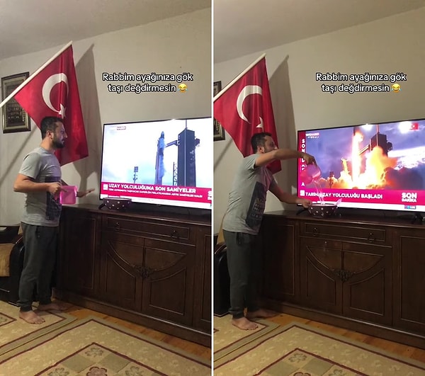 Mehter Marşı açarak fırlatmayı takip eden vatandaş o anlarda da televizyonun önünden, Alper Gezeravcı'nın arkasından su döktü.