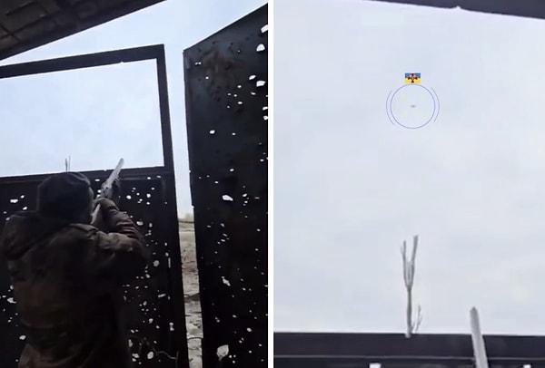 Bir Rus askerinin av tüfeği ile bir 'drone'u hedef aldığı görüntüler paylaşıldı.