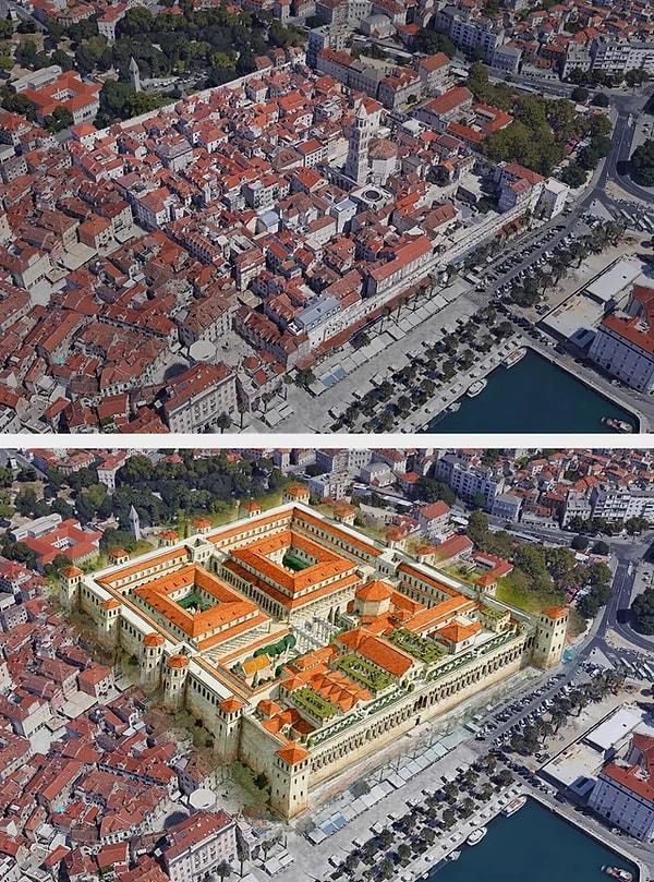 8. M.S 3. yüzyılın sonunda Roma imparatoru Diocletianus için inşa edilen ve bugün Hırvatistan'ın eski Split kentinin yaklaşık yarısını oluşturan Diocletianus Sarayı'nın havadan görünümü.