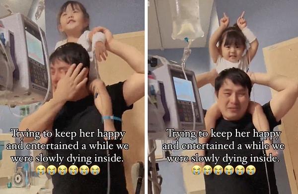 Bir baba, hastane odasında kanser hastası kızını eğlendirebilmek için şarkı söyleyip kızıyla birlikte danslar etti.