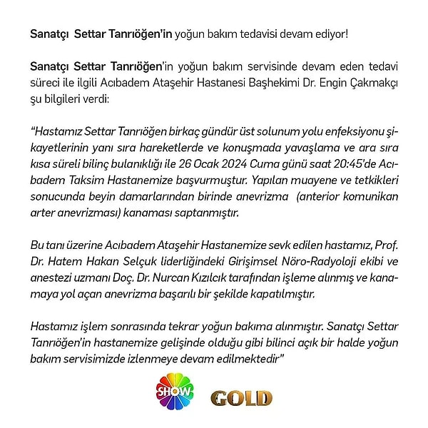 Kızılcık Şerbeti'nin yapım şirketi Gold Yapım, 28 Ocak'ta ikinci bir ameliyat olduğu öğrenilen ünlü oyuncu hakkında beklenen açıklamayı yapmıştı.