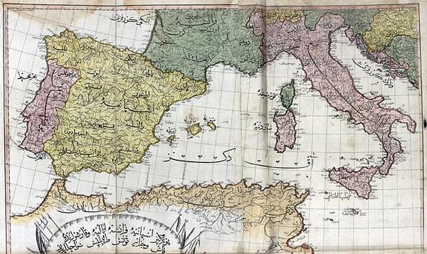 9. Osmanlı döneminde yapılmış bir batı Akdeniz haritası.