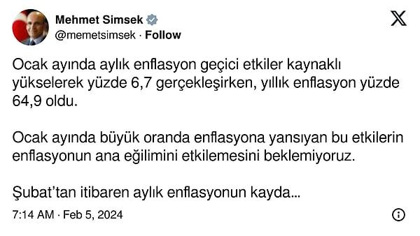 Bakan Mehmet Şimşek'in yorumunda yükselişe "geçici" denildi.