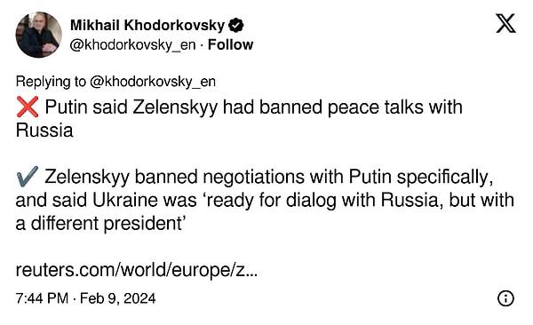 11. "❌ Putin, Zelenskyy'nin Rusya ile barış görüşmelerini yasakladığını söyledi    ✔️ Aslında, Zelenskyy özellikle Putin ile müzakereleri yasakladı ve Ukrayna'nın 'Rusya ile diyaloga hazır olduğunu, ancak farklı bir başkan ile' olduğunu belirtti."