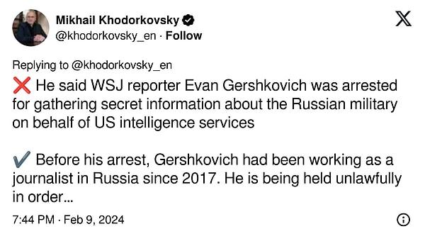 12. "❌ Putin'in dediğine göre, WSJ muhabiri Evan Gershkovich, Rus askeri hakkında gizli bilgiler toplamak amacıyla ABD istihbarat servisleri adına tutuklandı    ✔️ Tutuklanmadan önce, Gershkovich 2017'den beri Rusya'da bir gazeteci olarak çalışmaktaydı. ABD'yi bir tür taviz vermeye ikna etmek için yasadışı bir şekilde tutulmaktadır."