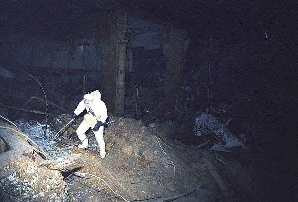A lone scientist descending into the radioactive darkness of Chernobyl in 1986.