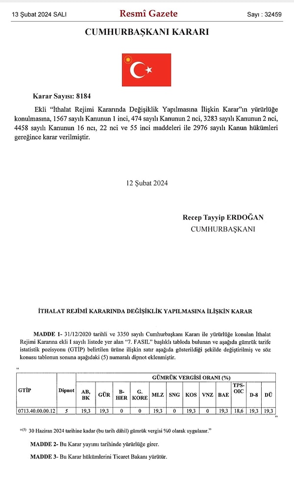 30 Haziran 2024’e kadar geçerli olacak kararda, ihracatı kayda bağlı mallar listesinde olan yeşil mercimek ihracatıysa kısıtlandı.