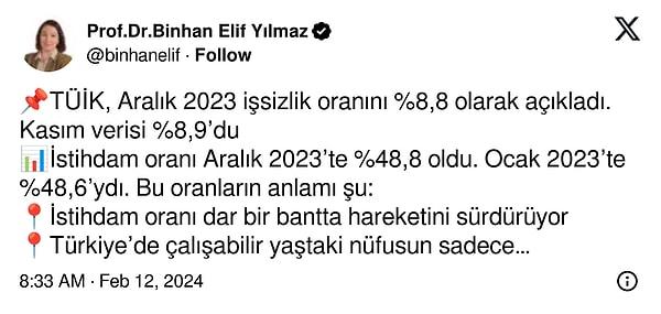 İstanbul Üniversitesi öğretim üyesi Prof. Dr. Binhan Elif Yılmaz, işsizlik verilerini şu şekilde inceliyor.