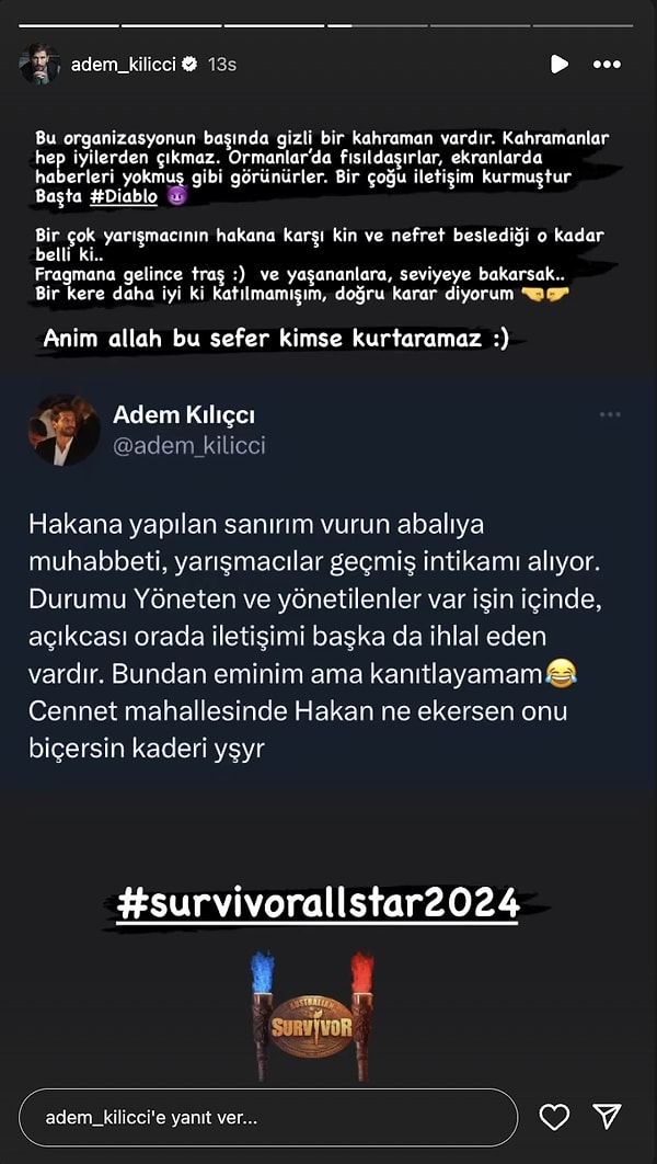 Üstüne bir de bu paylaşımını Instagram üzerinden yayınlayarak "Bir kere daha iyi ki katılmamışım, doğru karar diyorum." dedi.