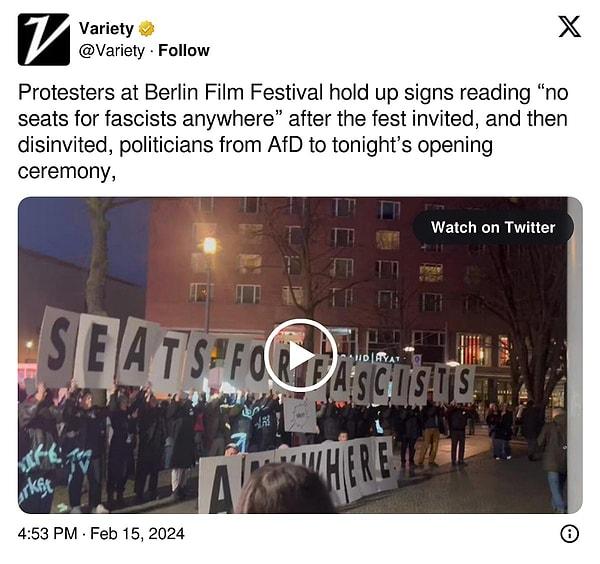 rotesters at the Berlin Film Festival carried banners with the inscription "No seats for fascists anywhere" after the festival. I