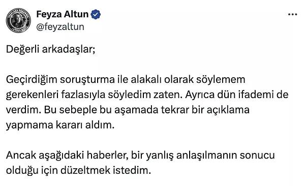 Fatih Altaylı'nın videosunun ardından gündemde konuşulmaya devam eden Feyza Altun, sosyal medya hesabı üzerinden konuya açıklık getirerek böyle bir şey olmadığını, yanlış anlaşıldığını duyurdu.